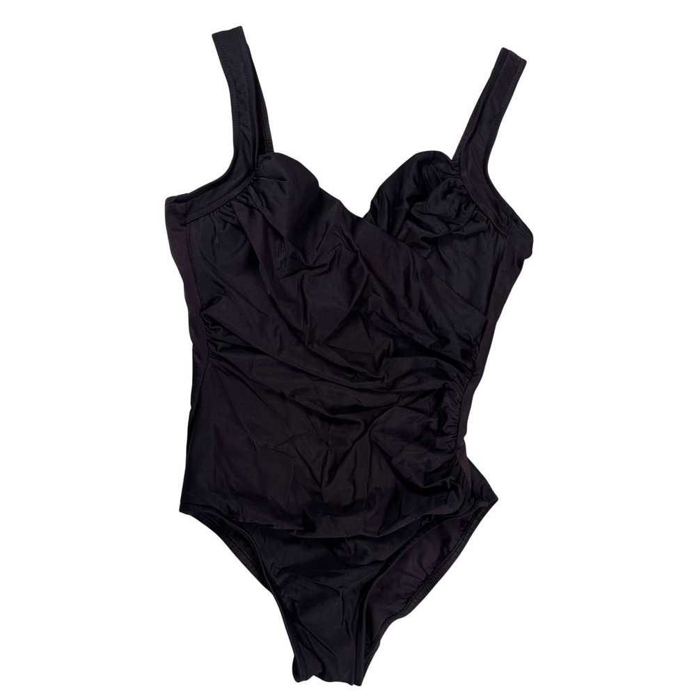 Miraclesuit One Piece Surplice Swimsuit Sz 10 Brown-Black Ruching Underwire Bra